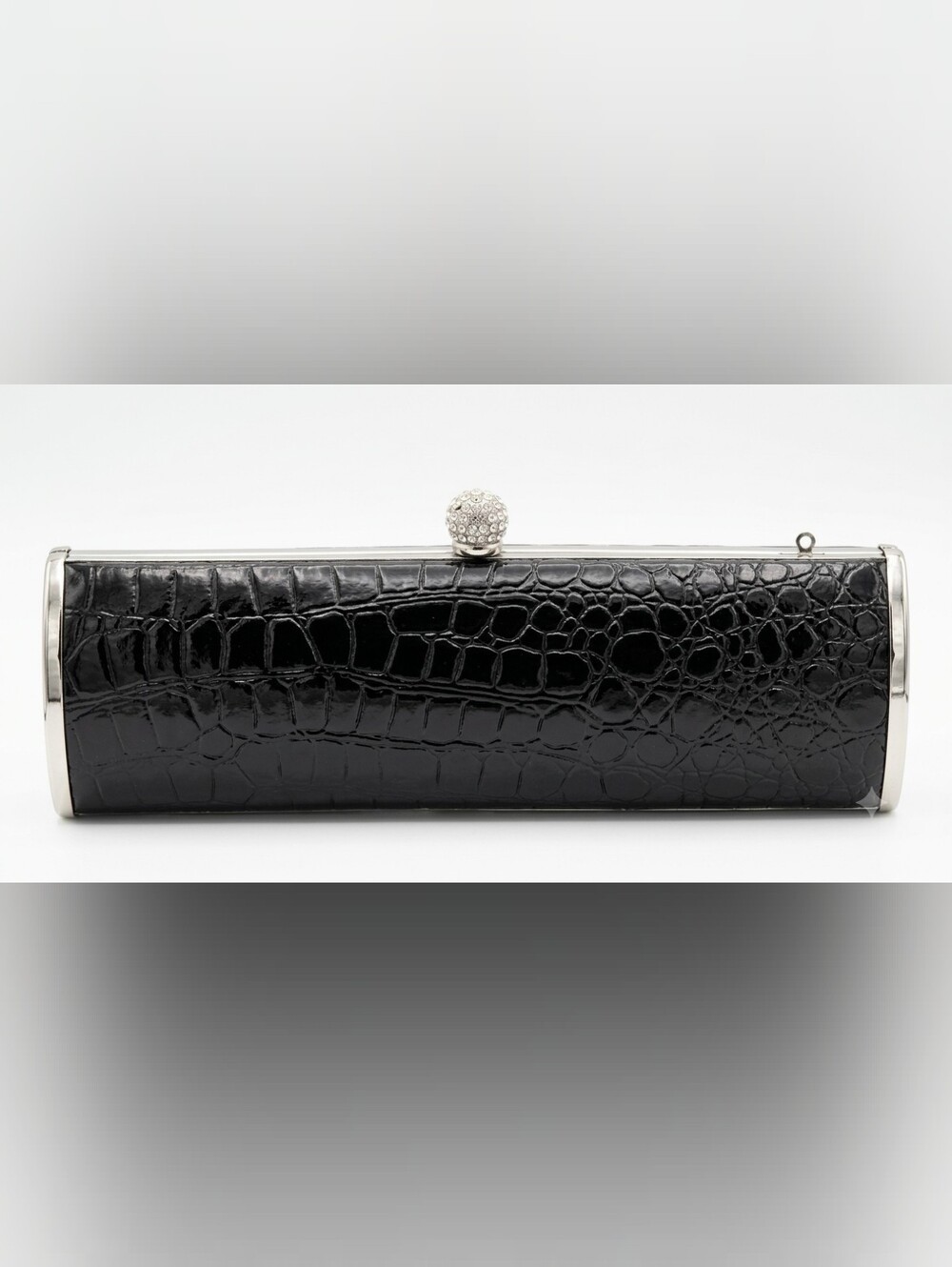 Black Croc-Embossed Evening Clutch with Crystal Ball Closure